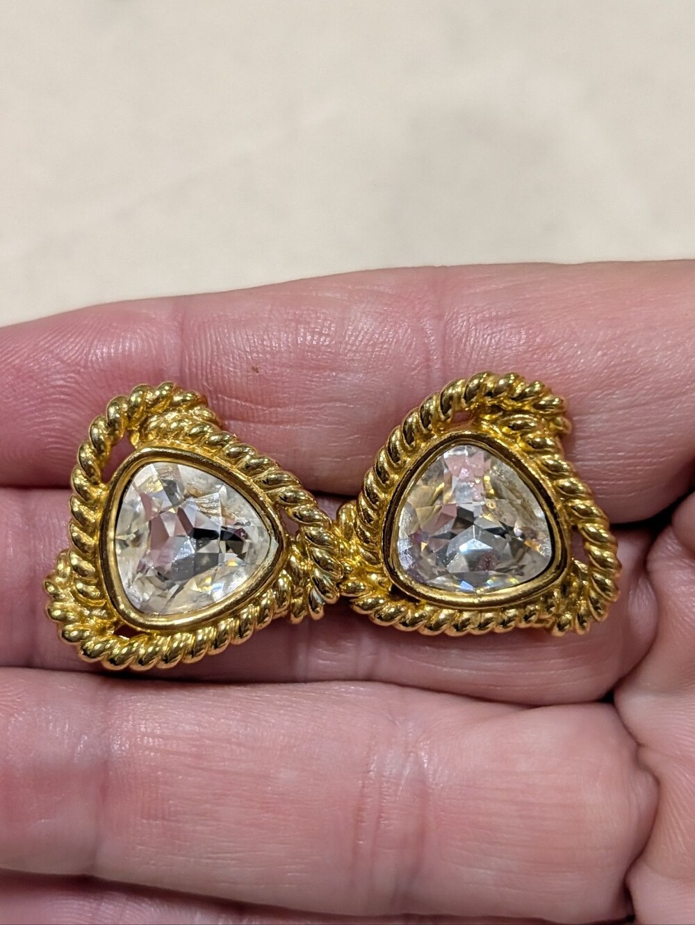 Vintage Swarovski Swan Signed Crystal Gold Tone Rope Stud Earrings